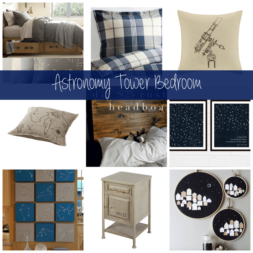 Astronomy Tower Bedroom // Budget Girl --- A mood board for the new look I'm going for in my bedroom. I'm so excited! I love the idea of stars and dark skies in a bedroom. #decor #bedroom #home 