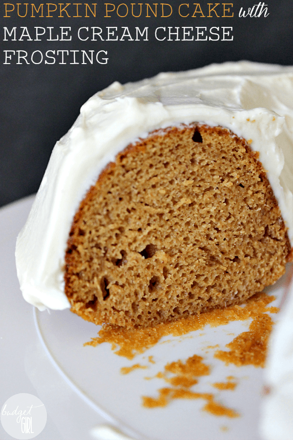  Pumpkin Pound Cake with Maple Cream Cheese Frosting --- Moist pumpkin cake with a thick layer of creamy, maple-y goodness. || via diybudgetgirl.com #pumpkin #13daysofpumpkin #baking #desserts #cake #recipes #food