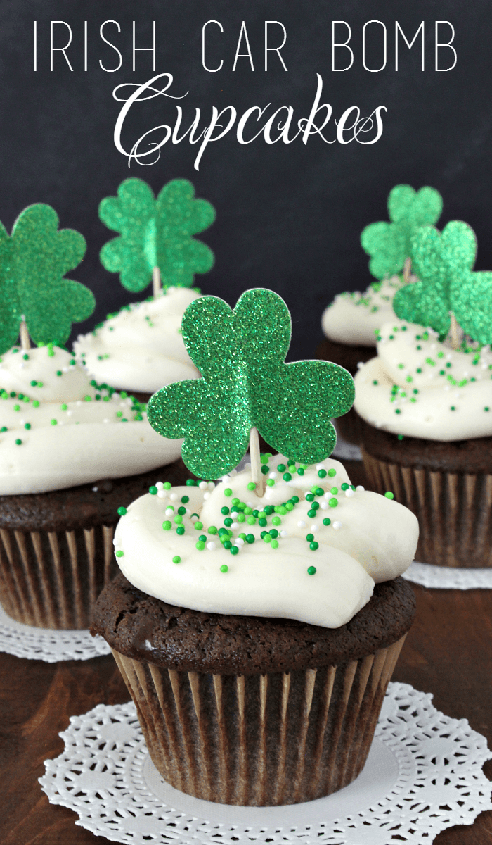 Irish Car Bomb Cupcakes take a popular St. Patrick's Day drink and turn it into an amazing dessert. Rich chocolate cupcake filled with gooey, dark chocolate ganache, and topped with Irish cream cheese frosting. Nothing will impress your guests more this holiday! || via growingupgabel.com #irish #cupcakes #stpatricksday