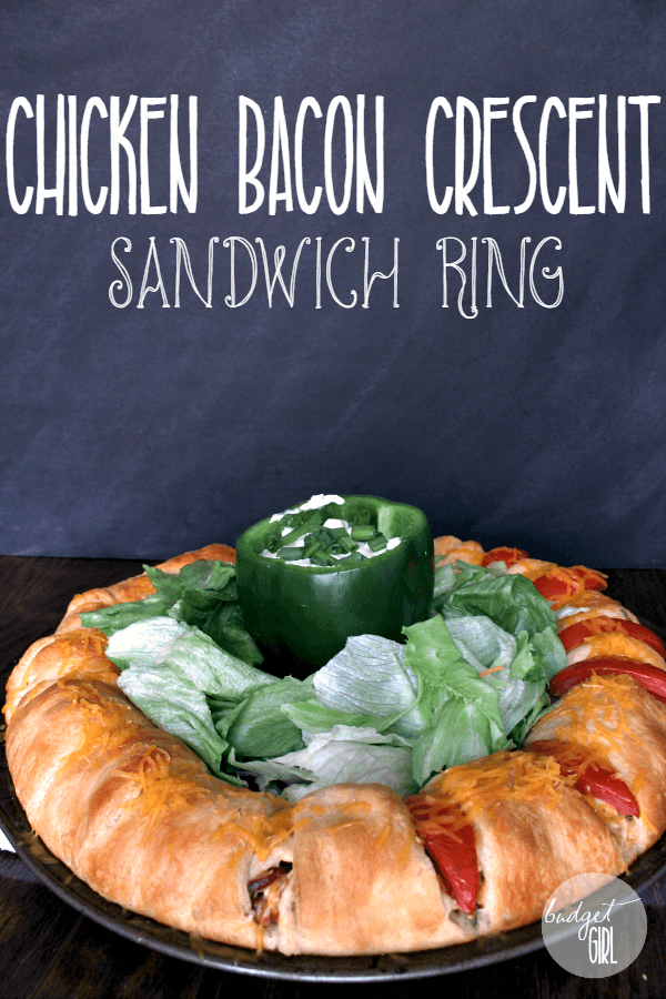 Chicken Bacon Sandwich Ring --- Crescent dough stuffed with chicken, bacon, cheese, green onions, and a special sauce. This chicken bacon sandwich ring is savory and perfect for your game day party! || via diybudgetgirl.com #gameday #superbowl #party #food #snacks #sandwich #crescent #chicken #bacon 