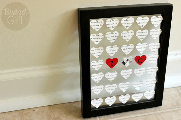 Easy Wedding Song DIY // Budget Girl --- For our third anniversary, I printed off our wedding song, cut it into little hearts, and taped it to a frame. I added a photo of us and some red scrapbook paper with our initials for a pop of color. This would make a great wedding present!
