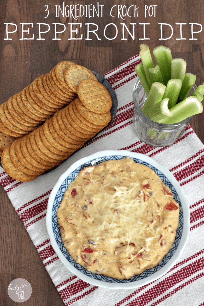 Slow Cooker Pepperoni Dip --- Only 3 ingredients! This dip is super easy and is like crack at any party. You won't be taking any extra home. :P || via diybudgetgirl.com #pepperoni #dip #gameday #party #superbowl #recipes #slowcooker #crockpot #3ingredient #easy #quick