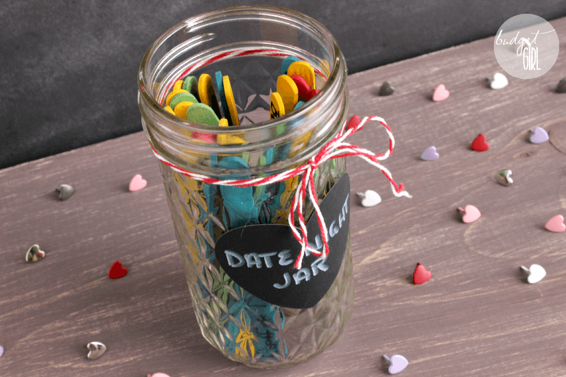 Date Night Jar --- Create a date night jar to add some excitement to your relationship! Bottom of the post has a list of date night ideas, ranging from expensive trips to free stay-at-home dates. || via diybudgetgirl.com #date #night #jar #ideas #easy #quick #crafts #valentinesday #valentine