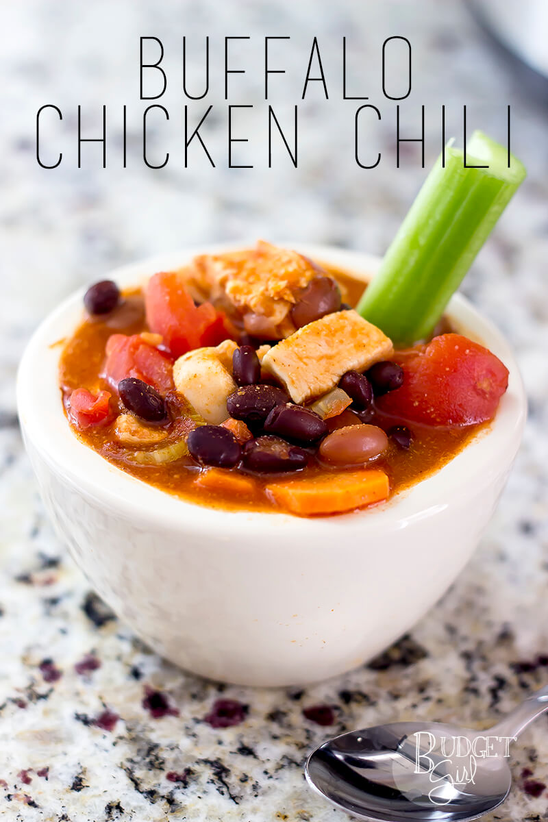 Buffalo Chicken Chili // Budget Girl --- The great taste of buffalo wings in the form of a spicy chili. Great for fall! #buffalo #chili #chicken #cooking #soup #fall #autumn #sweaterweather #recipes #food