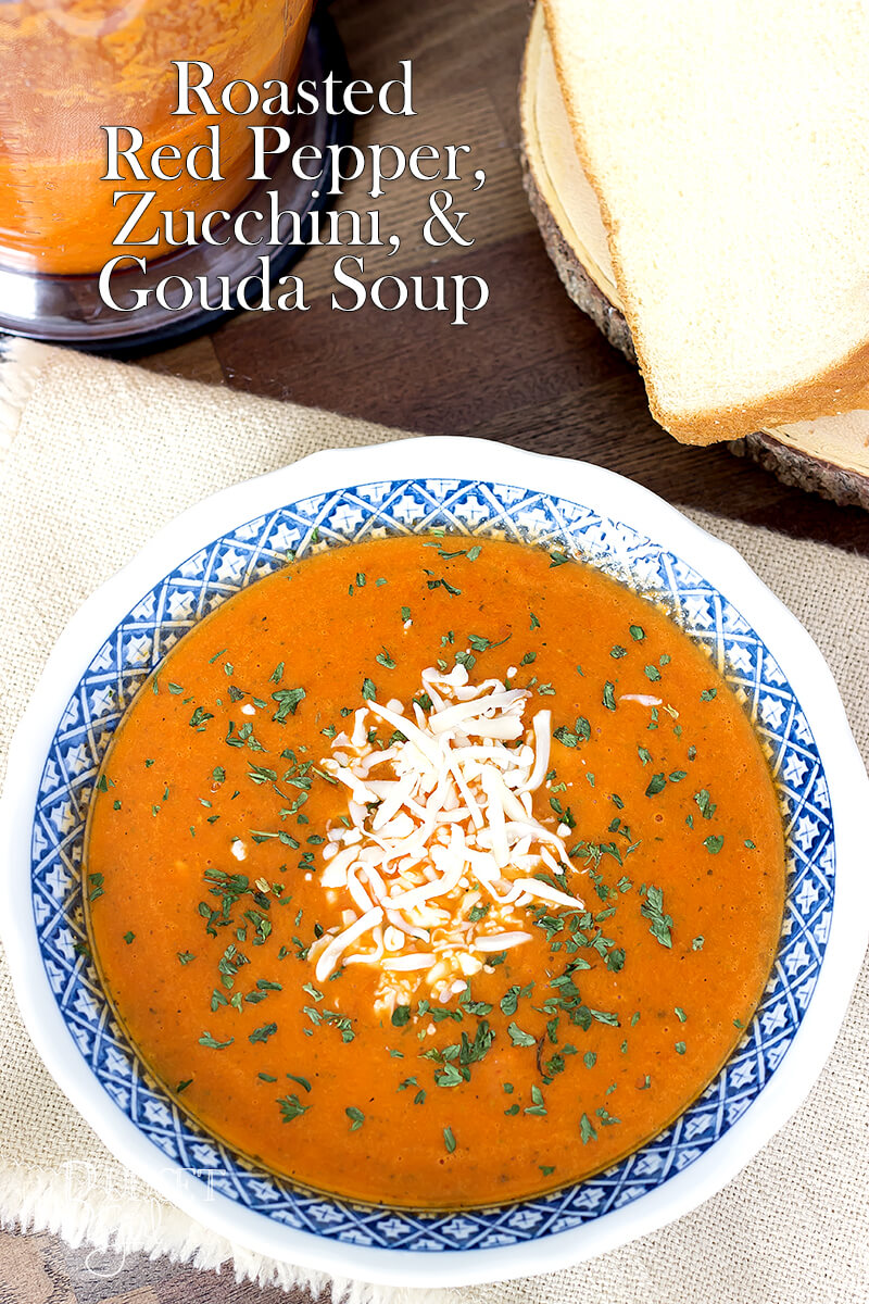 Roasted red pepper and gouda soup made better with zucchini, for texture and substance. Super easy to make and it comes out very creamy and savory.