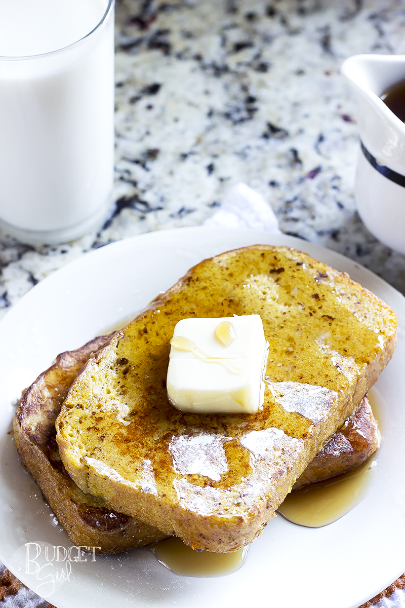 Pumpkin french toast is made with pumpkin yeast bread. Makes a great fall breakfast!