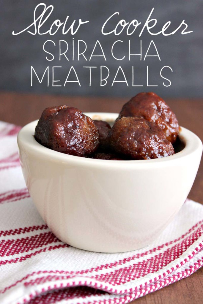 Slow Cooker Sriracha Meatballs --- Three ingredients, one amazing recipe! These are easy to make and a HUGE hit at parties. || via diybudgetgirl.com #slowcooker #crockpot #easy #crowdpleaser #meatballs #sriracha #spicy #appetizers #snacks #super #bowl #superbowl