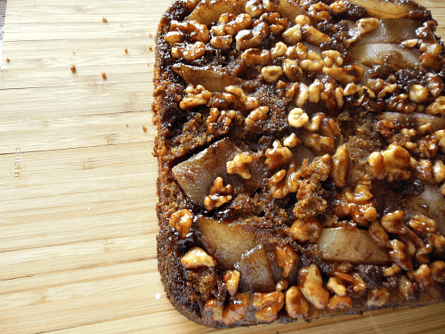 Upside-Down Pear Molasses Cake // Budget Girl --- This is a rich and savory cake. The sugared walnuts give it a crunch while the pears add a moistness. That mixed with the molasses creates a very nice texture. One of my husband's favorites! #pears #cake #walnuts #baking