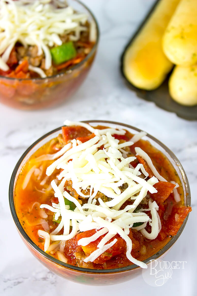 Crock pot pizza soup is n easy, delicious soup your whole family will love. It can be customized to fit the needs of the pickiest eaters. Also works as a freezer meal!