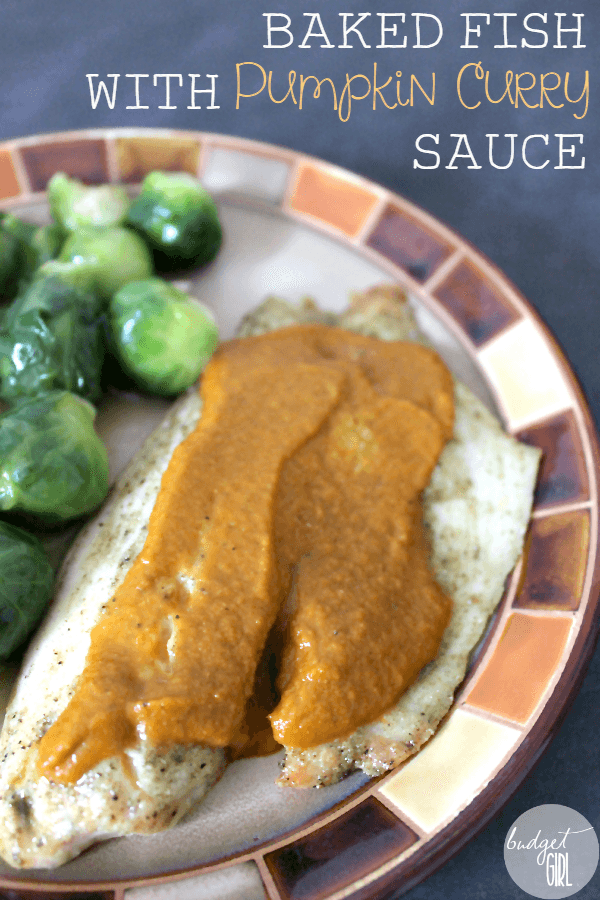Baked Fish with Pumpkin Curry Sauce --- This warm, savory sauce will go on almost anything. Fish, chicken, vegetables--anything you want to spice up a little. || via diybudgetgirl.com #pumpkin #13daysofpumpkin #fall #autumn #food #recipes #cooking #baking