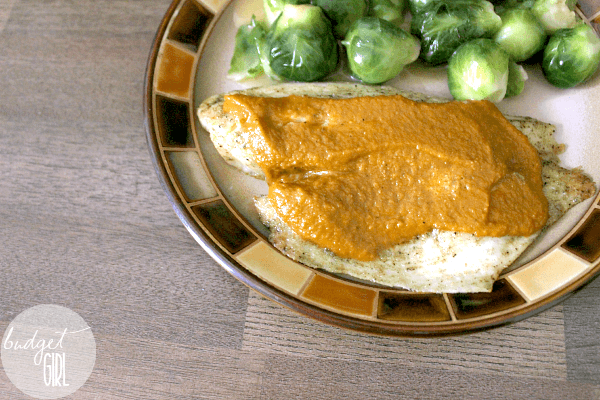Baked Fish with Pumpkin Curry Sauce --- This warm, savory sauce will go on almost anything. Fish, chicken, vegetables--anything you want to spice up a little. || via diybudgetgirl.com #pumpkin #13daysofpumpkin #fall #autumn #food #recipes #cooking #baking