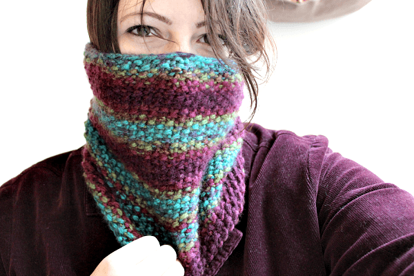 Hand Knit Seed-Stitch Girl's Cowl in Mulberry Bush, from Wine and Meeples --- A beautiful and comfortable cowl and neck warmer. Knit in a bulky, but soft, acrylic yarn. The seed stitch gives extra thickness, warmth, and durability. Priced at $25. #knitting #cowl #winter #sweaterweather #seed #stitch