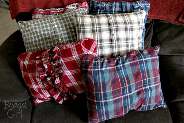 DIY Pillow Covers from Old Shirts // Budget Girl --- Old button-down shirts make the perfect cozy pillow covers for fall and winter.  Directions for sew and no-sew included.
