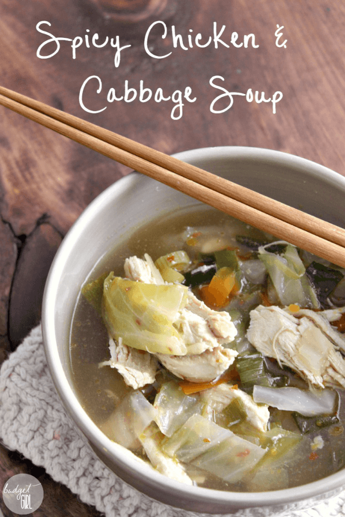 Spicy Chicken and Cabbage Soup --- Lemongrass, soy sauce, and red pepper flakes give this spicy chicken and cabbage soup that nice, Asian zing. This dish is very healthy--low carb, low calorie, and high in protein and fiber. Customize it by adding your favorite vegetables. || via diybudgetgirl.com #soup #cabbage #healthy #light #lowcarb #lowcalorie #chicken #poultry #vegetables