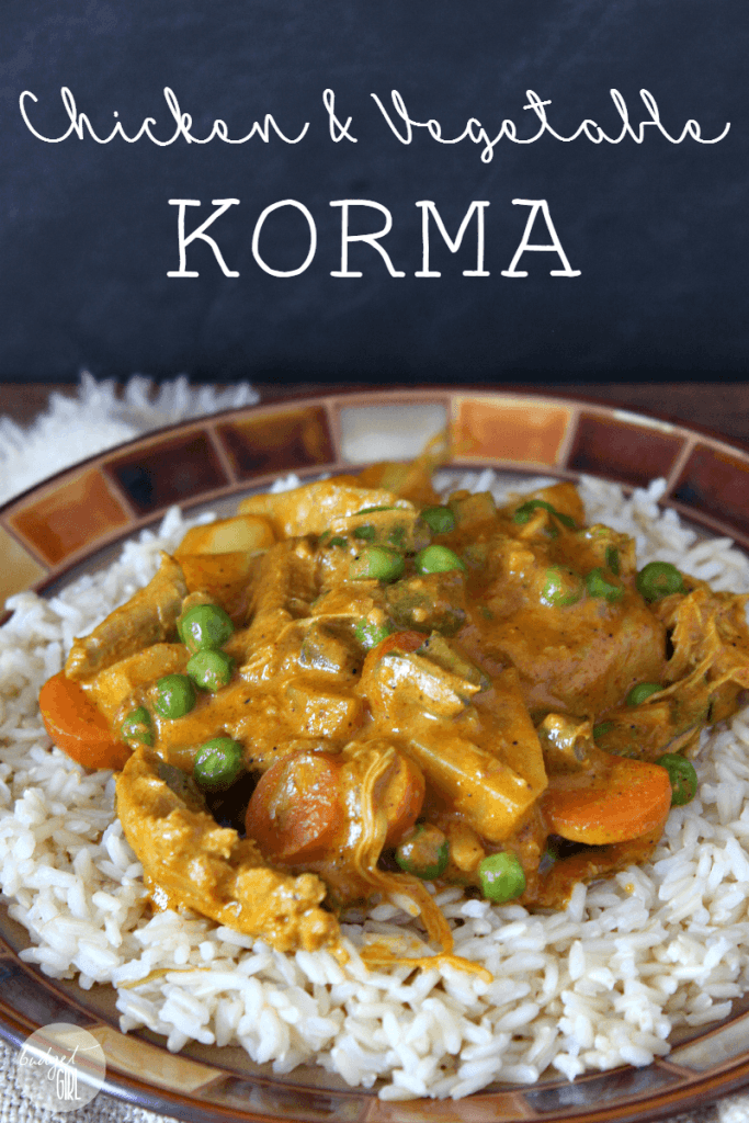 Chicken and vegetable Korma is a simple curry-based Indian dish. Normally it's vegetarian, but we added chicken. For more filler, we serve it over a bed of brown rice. || via diybudgetgirl.com #food #cooking #korma #indian #curry #vegetarian