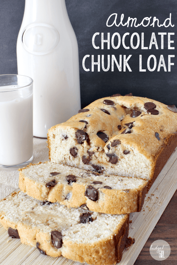 Almond Chocolate Chip Cake Loaf is a moist and easy dessert to make. This recipe requires buttermilk, but I've created a substitute using ingredients you most likely already have lying around. || via diybudgetgirl.com #almond #chocolate #chip #loaf #cake #baking #buttermilk #substitute