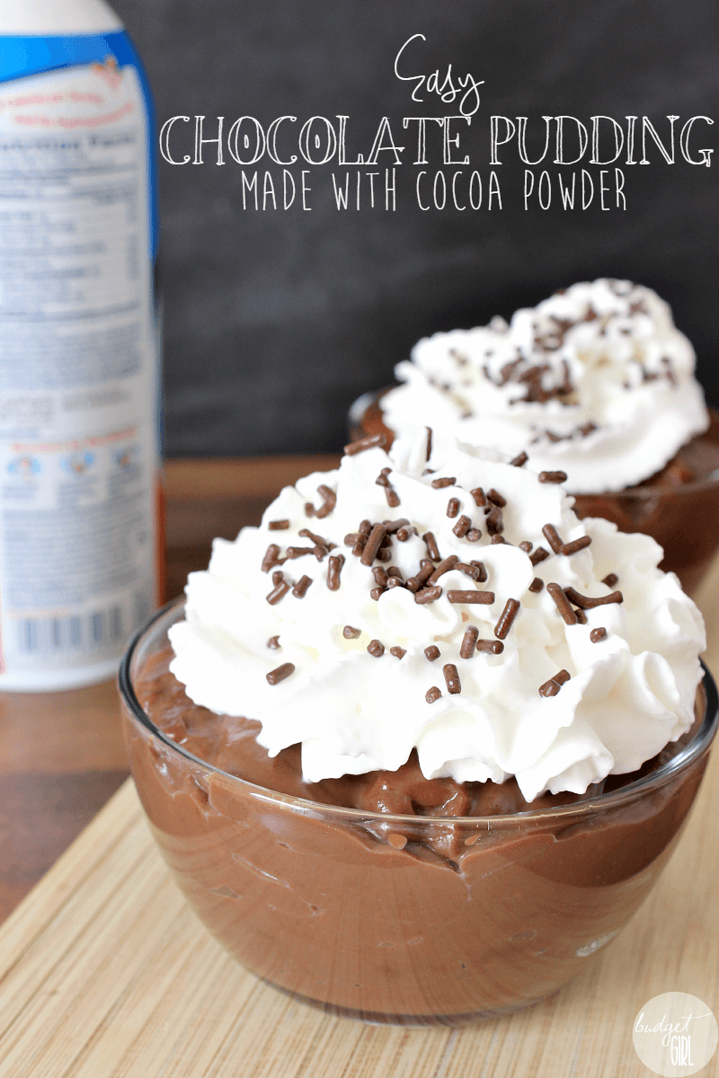 This easy chocolate pudding is made with cocoa powder and other ingredients that you likely already have lying around your kitchen. It's quick, creamy, and smooth. A great last-minute no-bake dessert! || via diybudgetgirl.com #quick #easy #under30minutes #donein30 #chocolatelovers #cocoapowder #smooth #rich #stovetop #nobake