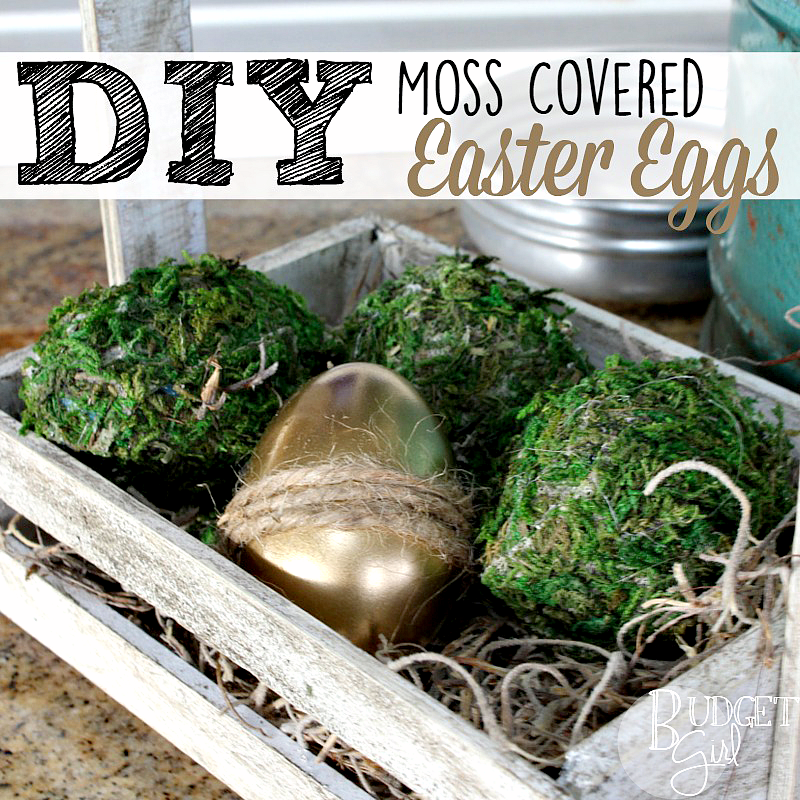 DIY Moss Covered Easter Eggs Decor --- Making moss covered Easter eggs is a simple DIY project, and a perfect way to bring spring into your home. Just in time for Easter! || via diybudgetgirl.com #moss #eggs #diy #crafts #easter #spring