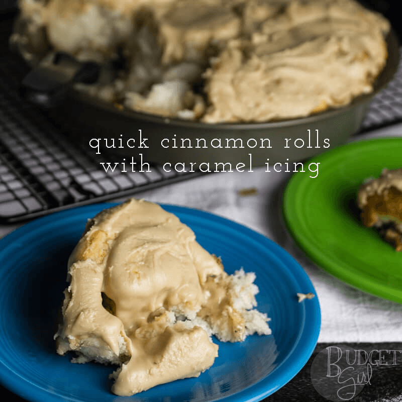 Quick cinnamon rolls are the answer to my longstanding love for gooey, doughy sweet rolls spread thickly with glorious icing. || via diybudgetgirl.com #cinnamon #rolls #quick #simple #caramel #icing #frosting #breakfast #baking