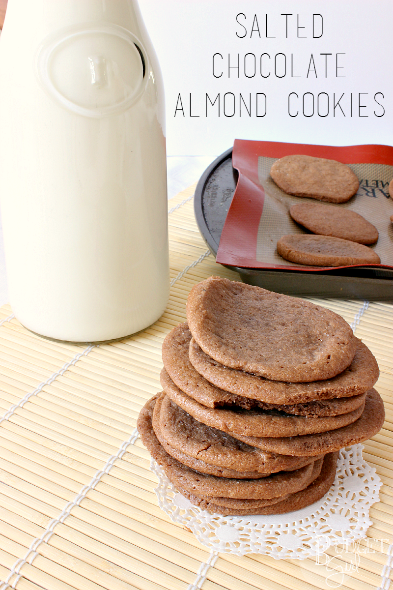 Salted Almond Chocolate Cookies --- Salted Chocolate Almond Cookies are a thin cookie are crunchy on the outside, chewy in the inside. Made with your choice of Nutella or Hershey's almond spread.  || via diybudgetgirl.com #cookies #almond #chocolate #nutella #hersheys #spread #baking 