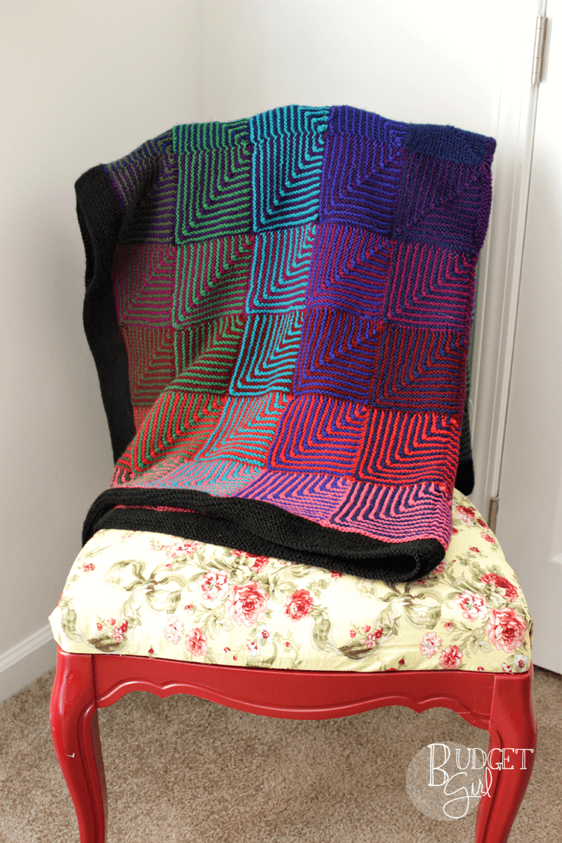 This jewel-toned hue shift afghan knitting pattern is fun and easy to knit. The resulting blanket is also incredibly soft. Perfect for cooler months!