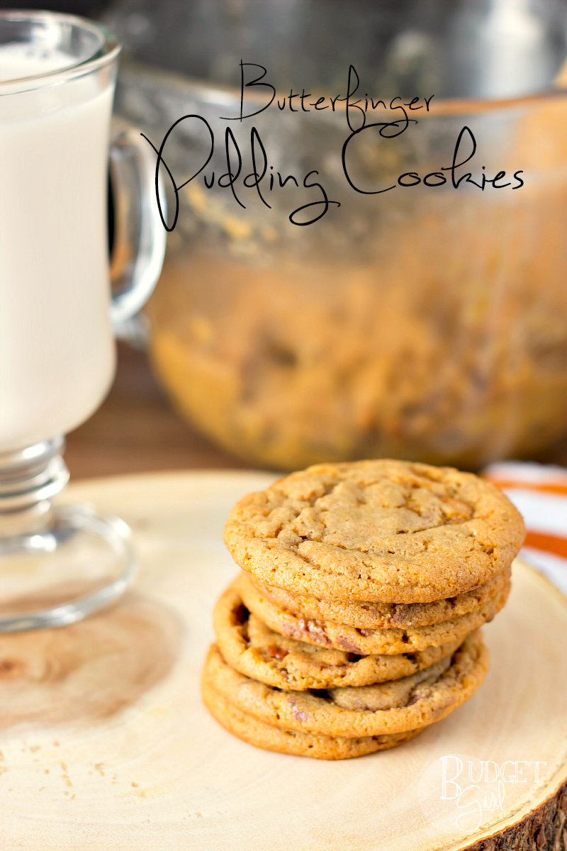 Have leftover candy? Try this recipe for Butterfinger pudding cookies! These tender cookies can be adapted to use most candy bar pieces.