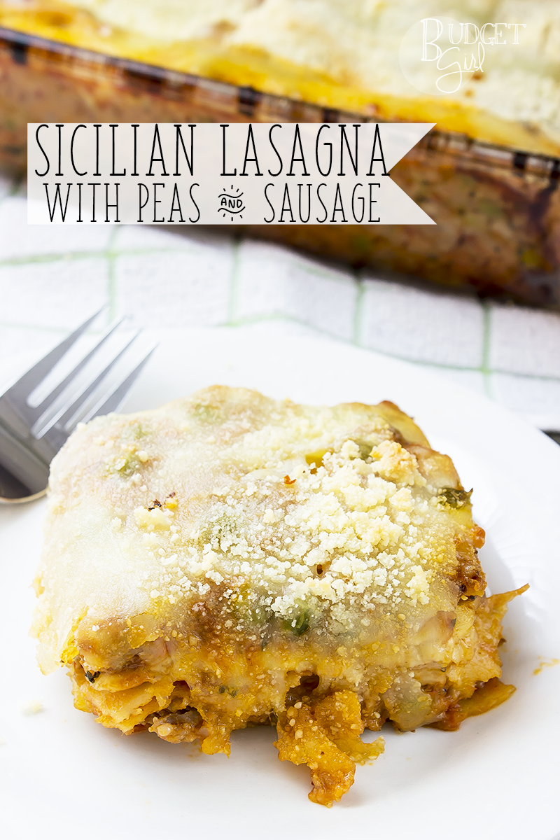 Sicilian lasagna with peas and sausage doesn't use ricotta cheese. Instead, this lasagna has Italian sausage, ground meat, mozzarella, Parmesan, and peas. 